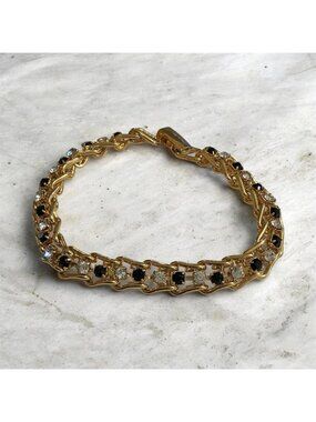 Vintage Gold Tennis Bracelet 7 Inch With Black & Clear Stones Retro Jewelry